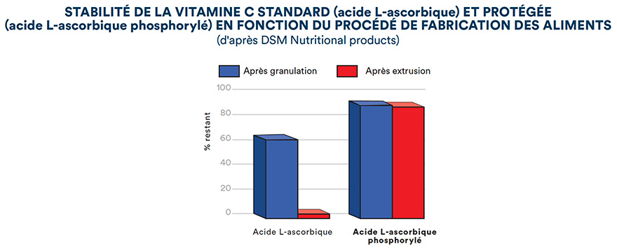 Stabilité de la vitamine C standard (acide L-ascorbique) et protégée (acide L-ascorbique phosphorylé) en fonction du procédé de fabrication des aliments
