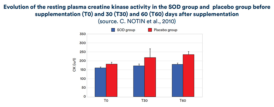 Evolution of the resting plasma creatine kinase activity in the SOD group and placebo group before supplementation (T0) and 30 (T30) and 60 (T60 days after supplementation
